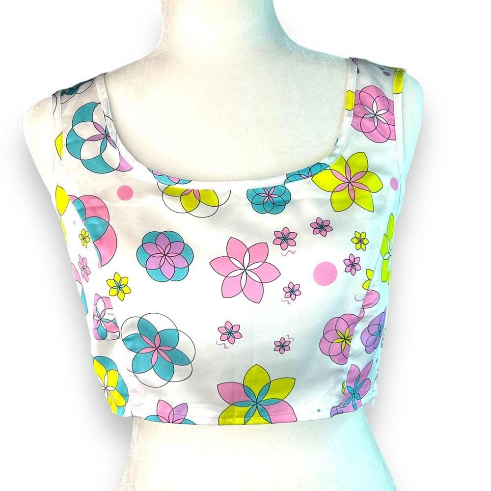 Oceanus White Floral Crop Top Medium Satin